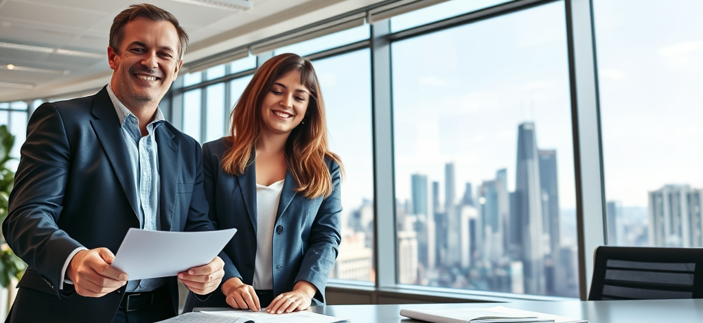 Man and woman finishing paperwork in a Chicago area office.
